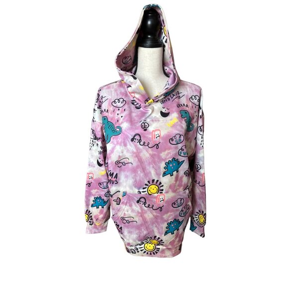 Shein Dinosaur Tie Dye Hoodie Purple Sunshine Faces Fun Kangaroo Pocket Medium - Picture 5 of 7